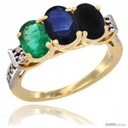 10K Yellow Gold Natural Emerald, Blue Sapphire & Black Onyx Ring 3-Stone Oval 7x5 mm Diamond Accent