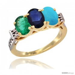 10K Yellow Gold Natural Emerald, Blue Sapphire & Turquoise Ring 3-Stone Oval 7x5 mm Diamond Accent