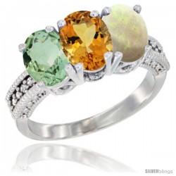 14K White Gold Natural Green Amethyst, Citrine & Opal Ring 3-Stone 7x5 mm Oval Diamond Accent