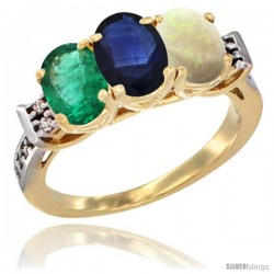 10K Yellow Gold Natural Emerald, Blue Sapphire & Opal Ring 3-Stone Oval 7x5 mm Diamond Accent