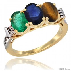 10K Yellow Gold Natural Emerald, Blue Sapphire & Tiger Eye Ring 3-Stone Oval 7x5 mm Diamond Accent