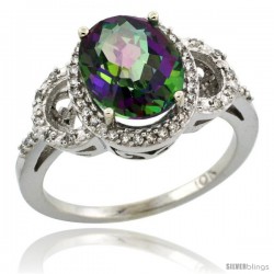 14k White Gold Diamond Halo Mystic Topaz Ring 2.4 ct Oval Stone 10x8 mm, 1/2 in wide