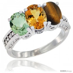 14K White Gold Natural Green Amethyst, Citrine & Tiger Eye Ring 3-Stone 7x5 mm Oval Diamond Accent