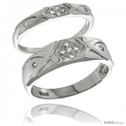 Sterling Silver Cubic Zirconia 2-Piece Wedding Ring Set for Him 6mm 1/4 in wide & Her 3mm 1/8 in wide