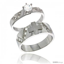 Sterling Silver Cubic Zirconia Engagement Rings Set for Him & Her Round, Brilliant Cut 1/4 in wide -Style Agcz618em