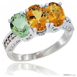 14K White Gold Natural Green Amethyst, Citrine & Whisky Quartz Ring 3-Stone 7x5 mm Oval Diamond Accent