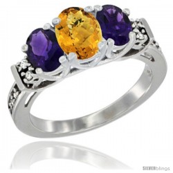 14K White Gold Natural Whisky Quartz & Amethyst Ring 3-Stone Oval with Diamond Accent