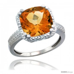 Sterling Silver Diamond Natural Citrine Ring 5.94 ct Checkerboard Cushion 11 mm Stone 1/2 in wide