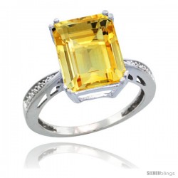 Sterling Silver Diamond Natural Citrine Ring 5.83 ct Emerald Shape 12x10 Stone 1/2 in wide -Style Cwg09149