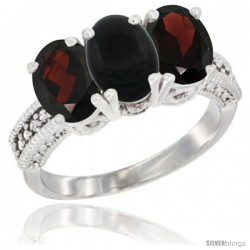 10K White Gold Natural Black Onyx & Garnet Sides Ring 3-Stone Oval 7x5 mm Diamond Accent