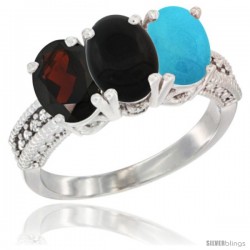 10K White Gold Natural Garnet, Black Onyx & Turquoise Ring 3-Stone Oval 7x5 mm Diamond Accent