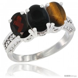 10K White Gold Natural Garnet, Black Onyx & Tiger Eye Ring 3-Stone Oval 7x5 mm Diamond Accent