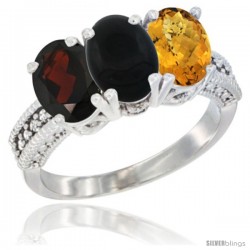 10K White Gold Natural Garnet, Black Onyx & Whisky Quartz Ring 3-Stone Oval 7x5 mm Diamond Accent