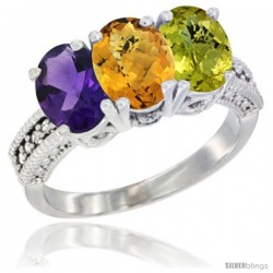 14K White Gold Natural Amethyst, Whisky Quartz & Lemon Quartz Ring 3-Stone 7x5 mm Oval Diamond Accent