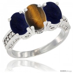 14K White Gold Natural Tiger Eye Ring with Lapis 3-Stone 7x5 mm Oval Diamond Accent