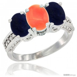 14K White Gold Natural Coral Ring with Lapis 3-Stone 7x5 mm Oval Diamond Accent