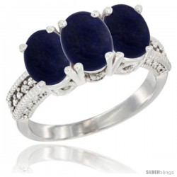 14K White Gold Natural Lapis Ring 3-Stone 7x5 mm Oval Diamond Accent