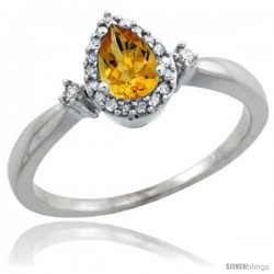 Sterling Silver Diamond Natural Citrine Ring 0.33 ct Tear Drop 6x4 Stone 3/8 in wide