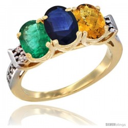 10K Yellow Gold Natural Emerald, Blue Sapphire & Whisky Quartz Ring 3-Stone Oval 7x5 mm Diamond Accent