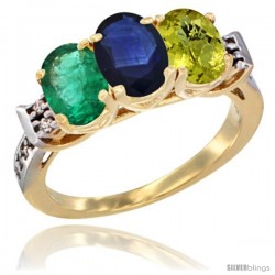 10K Yellow Gold Natural Emerald, Blue Sapphire & Lemon Quartz Ring 3-Stone Oval 7x5 mm Diamond Accent