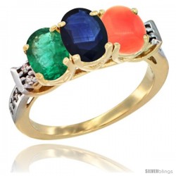 10K Yellow Gold Natural Emerald, Blue Sapphire & Coral Ring 3-Stone Oval 7x5 mm Diamond Accent