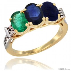 10K Yellow Gold Natural Emerald, Blue Sapphire & Lapis Ring 3-Stone Oval 7x5 mm Diamond Accent