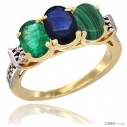 10K Yellow Gold Natural Emerald, Blue Sapphire & Malachite Ring 3-Stone Oval 7x5 mm Diamond Accent