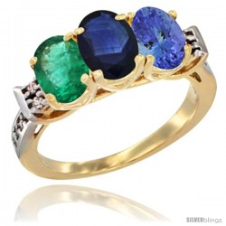 10K Yellow Gold Natural Emerald, Blue Sapphire & Tanzanite Ring 3-Stone Oval 7x5 mm Diamond Accent