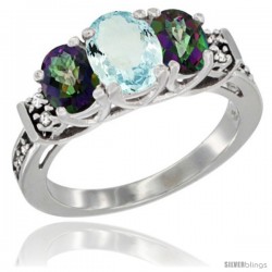 14K White Gold Natural Aquamarine & Mystic Topaz Ring 3-Stone Oval with Diamond Accent