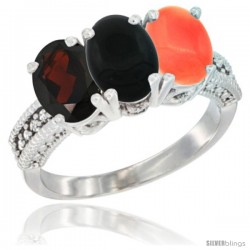 10K White Gold Natural Garnet, Black Onyx & Coral Ring 3-Stone Oval 7x5 mm Diamond Accent