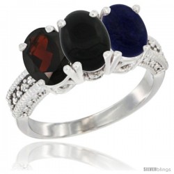 10K White Gold Natural Garnet, Black Onyx & Lapis Ring 3-Stone Oval 7x5 mm Diamond Accent