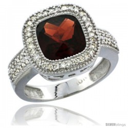 10K White Gold Natural Garnet Ring Cushion-cut 9x9 Stone Diamond Accent