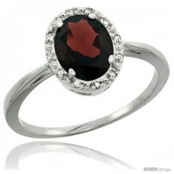 Sterling Silver Natural Garnet Diamond Halo Ring 1.17 Carat 8X6 mm Oval Shape, 1/2 in wide