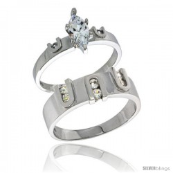 Sterling Silver Cubic Zirconia Engagement Rings Set for Him & Her Marquise Cut 9/32 in wide