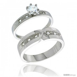 Sterling Silver Cubic Zirconia Engagement Rings Set for Him & Her Brilliant Cut Solitaire 1/4 in wide