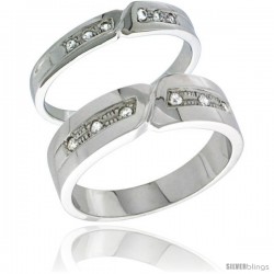 Sterling Silver Cubic Zirconia 2-Piece Wedding Ring Set for Him 6mm 1/4 in wide & Her 4mm 5/32 in wide -Style Agcz621w2