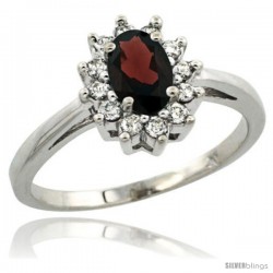 Sterling Silver Natural Garnet Diamond Halo Ring Oval Shape 1.2 Carat 6X4 mm, 1/2 in wide