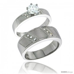 Sterling Silver Cubic Zirconia Engagement Rings Set for Him & Her Brilliant Cut Solitaire 5/16 in wide