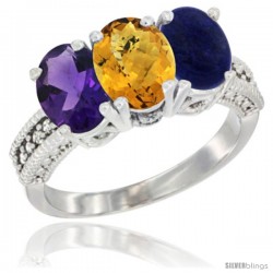 14K White Gold Natural Amethyst, Whisky Quartz & Lapis Ring 3-Stone 7x5 mm Oval Diamond Accent