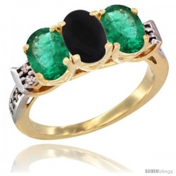 10K Yellow Gold Natural Black Onyx & Emerald Sides Ring 3-Stone Oval 7x5 mm Diamond Accent