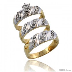 14k Gold 3-Piece Trio His (7mm) & Hers (6mm) Diamond Wedding Band Set w/ Rhodium Accent, w/ 0.46 Carat Brilliant Cut Diamonds