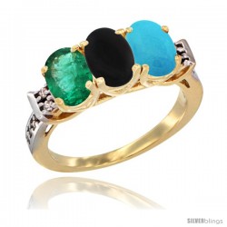 10K Yellow Gold Natural Emerald, Black Onyx & Turquoise Ring 3-Stone Oval 7x5 mm Diamond Accent