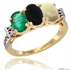 10K Yellow Gold Natural Emerald, Black Onyx & Opal Ring 3-Stone Oval 7x5 mm Diamond Accent