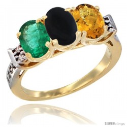 10K Yellow Gold Natural Emerald, Black Onyx & Whisky Quartz Ring 3-Stone Oval 7x5 mm Diamond Accent