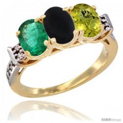 10K Yellow Gold Natural Emerald, Black Onyx & Lemon Quartz Ring 3-Stone Oval 7x5 mm Diamond Accent