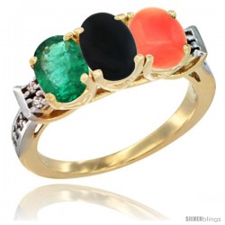 10K Yellow Gold Natural Emerald, Black Onyx & Coral Ring 3-Stone Oval 7x5 mm Diamond Accent