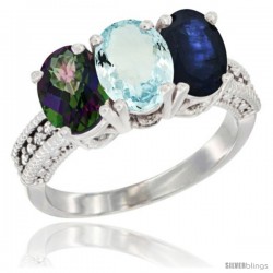 14K White Gold Natural Mystic Topaz, Aquamarine & Blue Sapphire Ring 3-Stone 7x5 mm Oval Diamond Accent