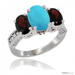 10K White Gold Ladies Natural Turquoise Oval 3 Stone Ring with Garnet Sides Diamond Accent