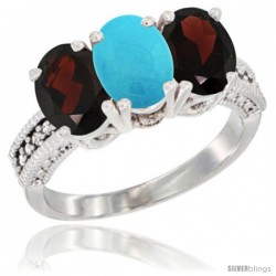 10K White Gold Natural Turquoise & Garnet Sides Ring 3-Stone Oval 7x5 mm Diamond Accent