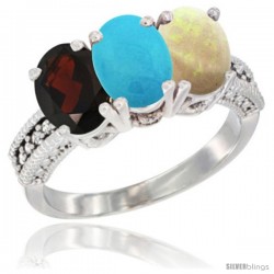 10K White Gold Natural Garnet, Turquoise & Opal Ring 3-Stone Oval 7x5 mm Diamond Accent